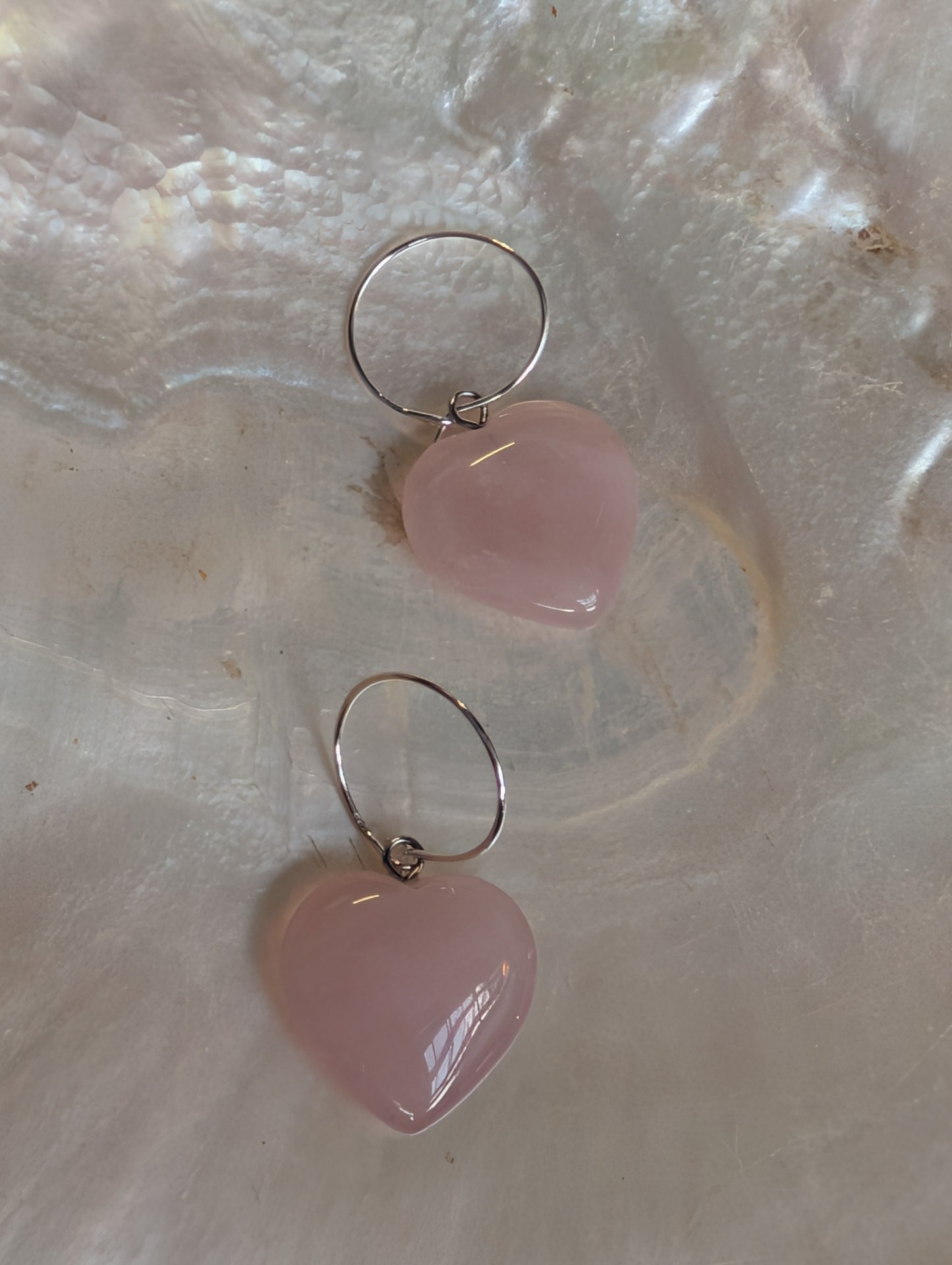 Rose Quartz Heart Hoops Sterling Silver