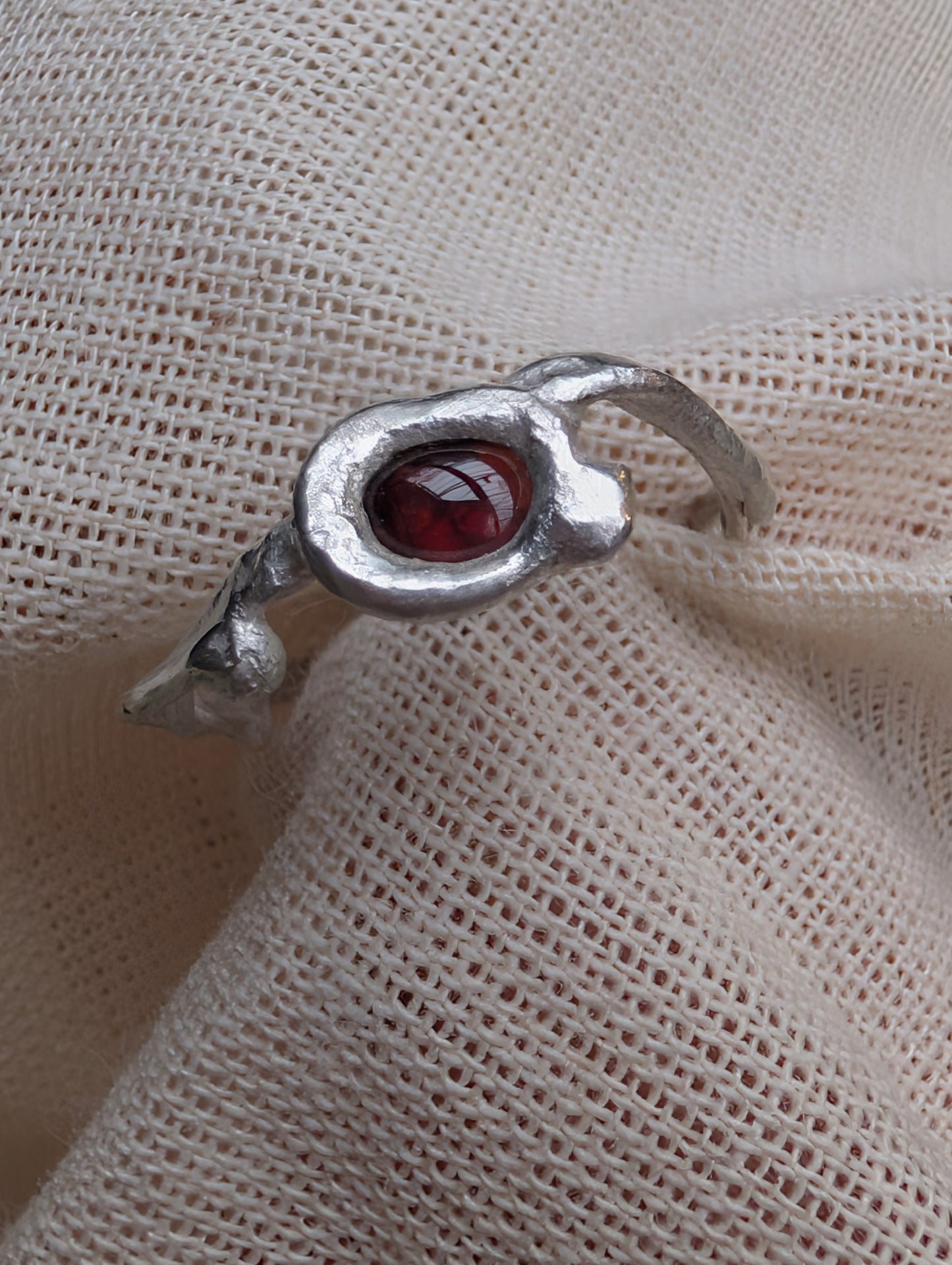 One of a kind, garnet molten ring, sterling silver
