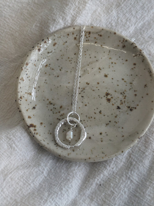 Silver and Pearl Molten Ring Necklace