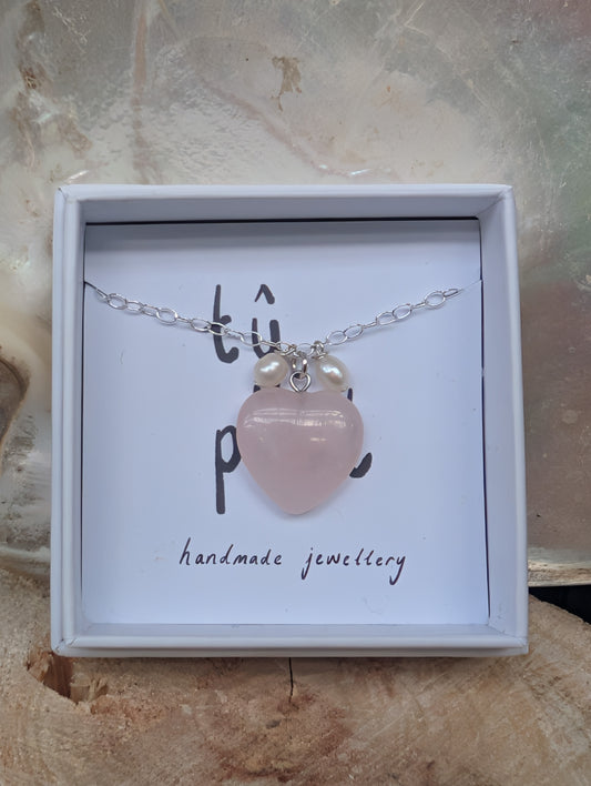 Rose Quartz Heart with Freshwater Pearls