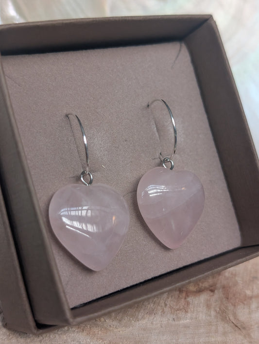 Rose Quartz Heart Hoops Sterling Silver